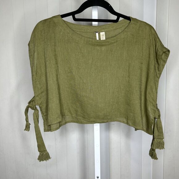 Free People Cropped Top Moss Green Color Side Ties Size S - Picture 1 of 5
